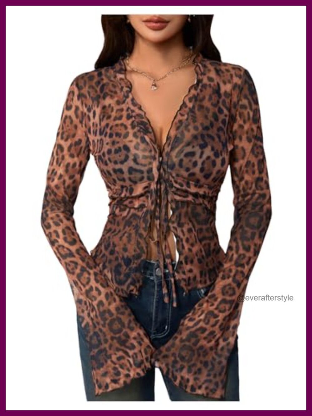 Womens Y2K Leopard Mesh V Neck Tie Front Bell Sleeve Top